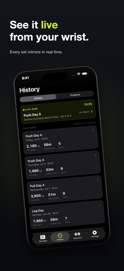 History with a live workout card