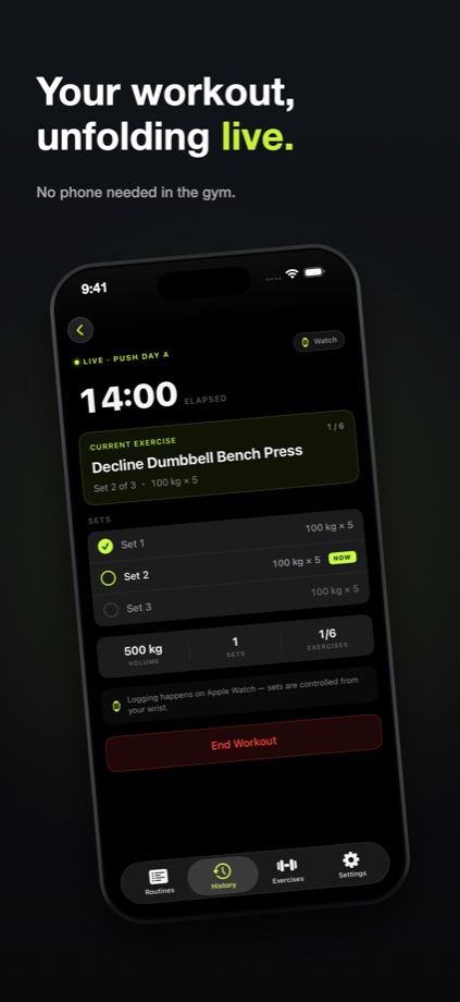 Now Training — the watch workout mirrored live
